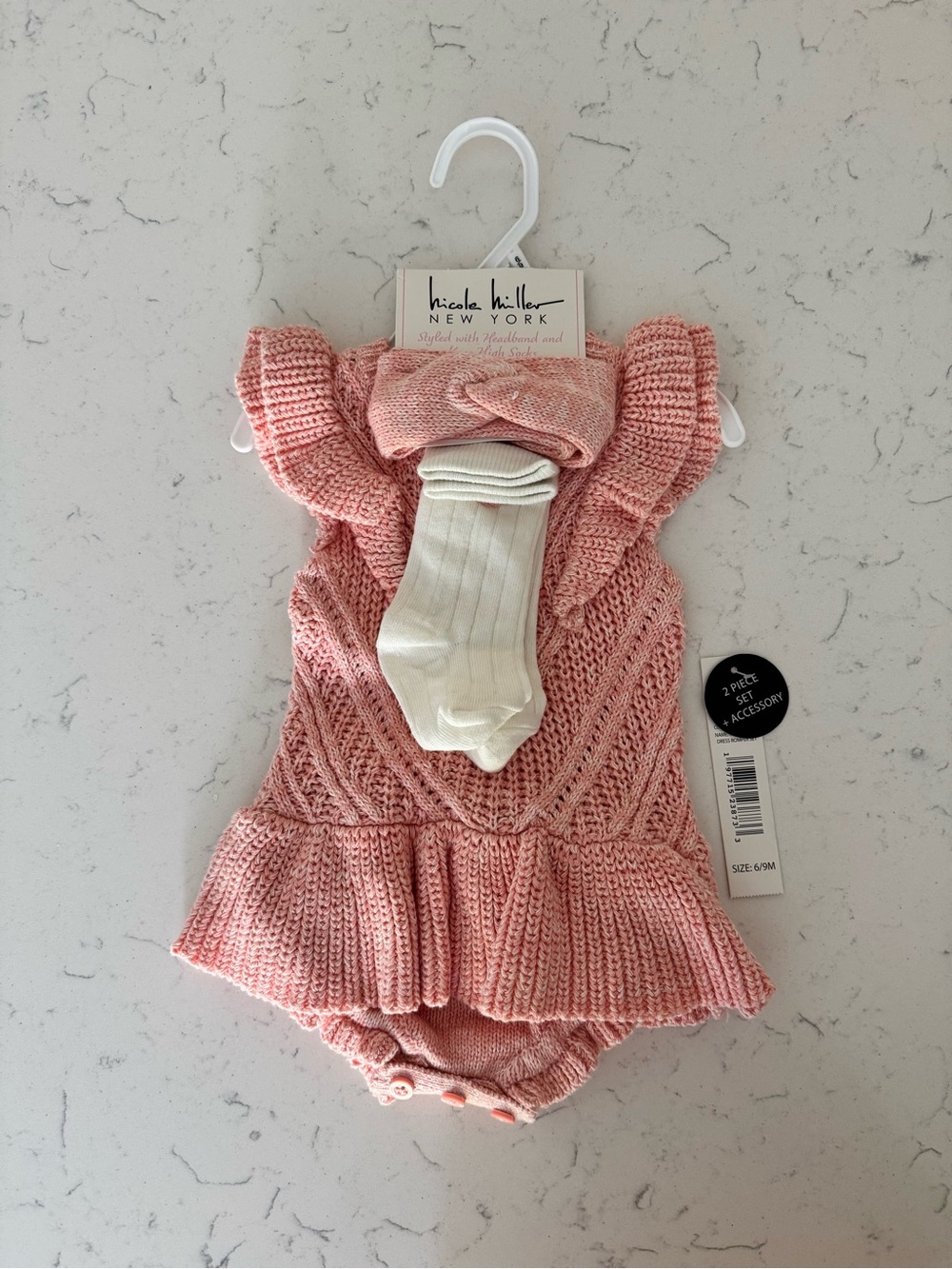 Nicole Miller Pink Knit Baby Romper with Cream Tights & Headband